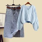 1622 light blue top + denim skirt two-piece set / M [recommendation 40-50kg ]
