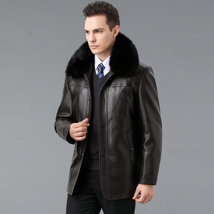 Winter New Warm Thickeneded Goatskin Jacket Men's Real Fur Collar Removable down Jacket Liner Middle-Aged and Elderly Lapel Jacket