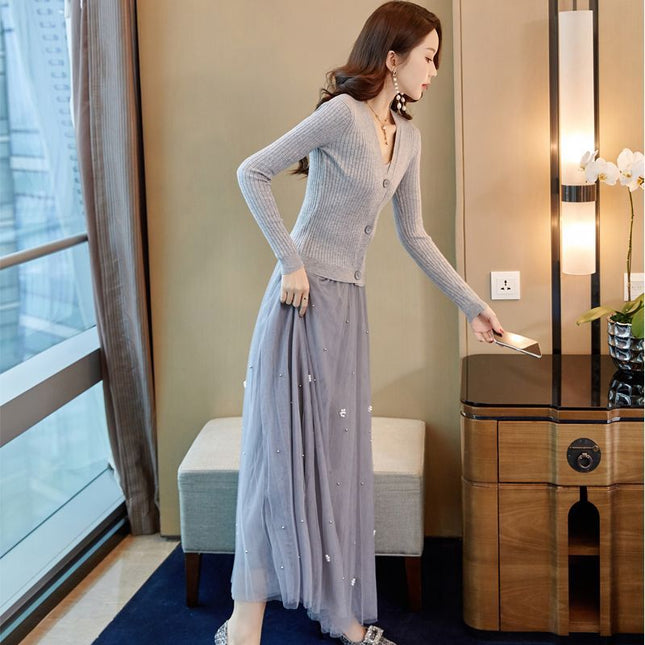 Single Piece/Set 2024 Spring & Fall Feminine New Elegant Fashionable Knitted Cardigan Suspender Mesh Skirt Three-Piece Set