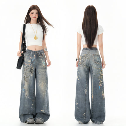 American High Street Wide-Leg Jeans for Women 2025 Summer New Design High-Waisted Loose Slimming Floor-Length Pants