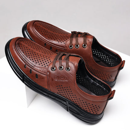 Summer Business Casual Leather Shoes for Men, Hollow Breathable Sandals, Lace-Up Professional Work Shoes, Flat Driving Shoes, Clogs