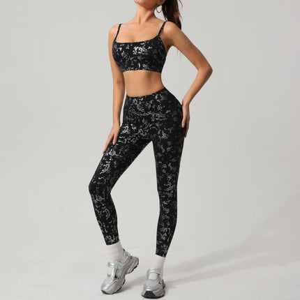 Cross-border Hot Silver Yoga Suit Advanced suit Women's Outdoor Training Running European and American Long Sleeve Fitness Suit suit