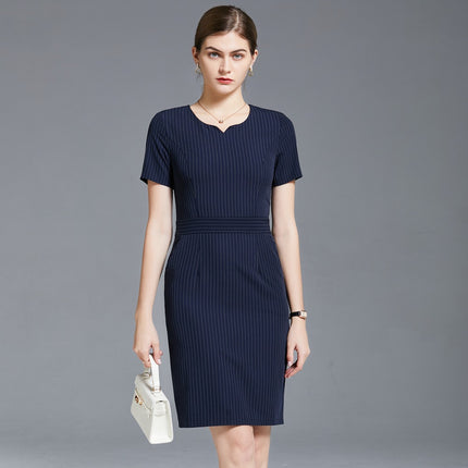 European and American foreign trade summer short-sleeved blue striped hip professional dress beauty salon jewelry store overalls