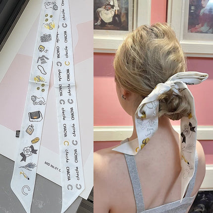 Lined Letter C Puppy Double-Layer Printed All-Match Tie Bag Ribbon Hair Band Ribbon Women's Decorative Small Scarf