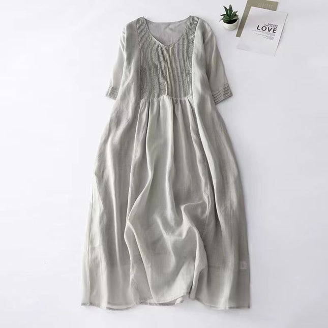 Vintage Organ Pleated Design Half Sleeve Dress Women's Artistic Solid Color V-neck Cotton Linen Cool Slimming Mid-length Dress