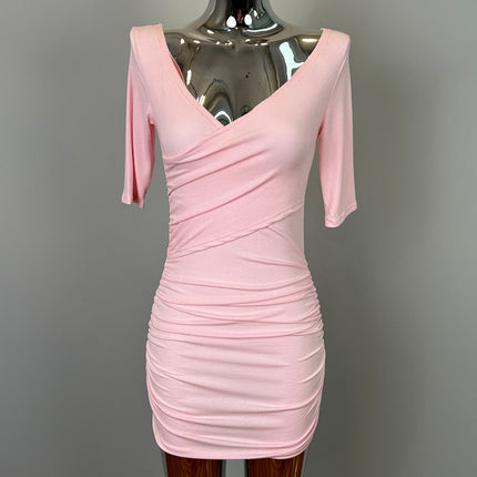 South Korea Dongdaemun New Sexy Feminine V-Neck Pleated Bag Hip Mid-Sleeve dress Figure