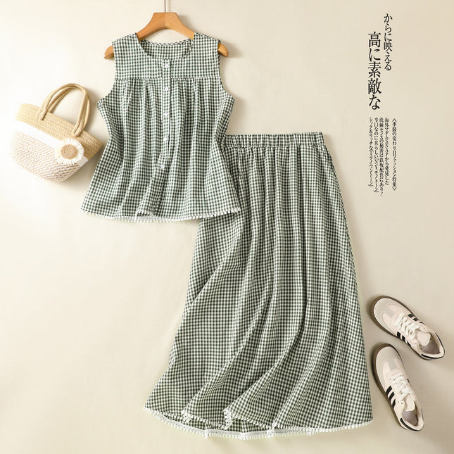 Real Shot of Summer New Green Plaid Cotton Sleeveless Round Neck Cardigan Elastic Skirt Spliced Lace Suit for Women