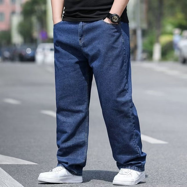 Plus-Size Men's Loose Straight-Leg Casual Jeans, Versatile Deep-Crotch Durable Men's Pants