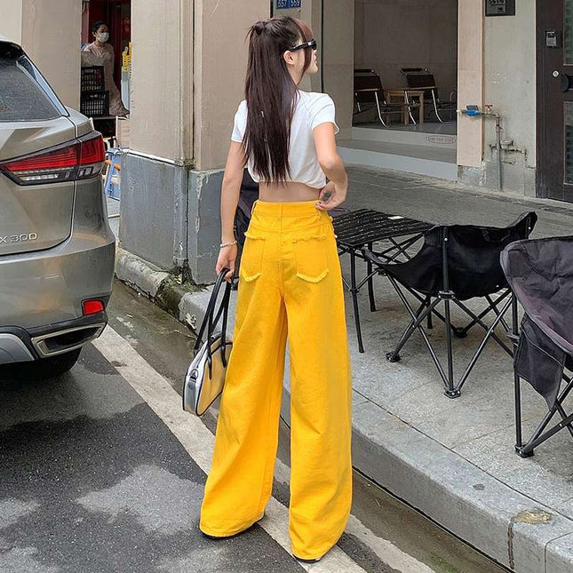 Wholesale Dropshipping Trendy Spring Lemon Yellow Casual Women's Straight Loose Wide-Leg Floor-Length Lazy Style Jeans