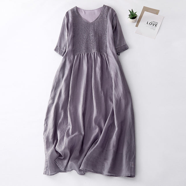 2023 Summer Design Sense Organ Pleat Artistic Retro Solid Color V-neck Ramie Cool Slimming Long Dress Women's Dress