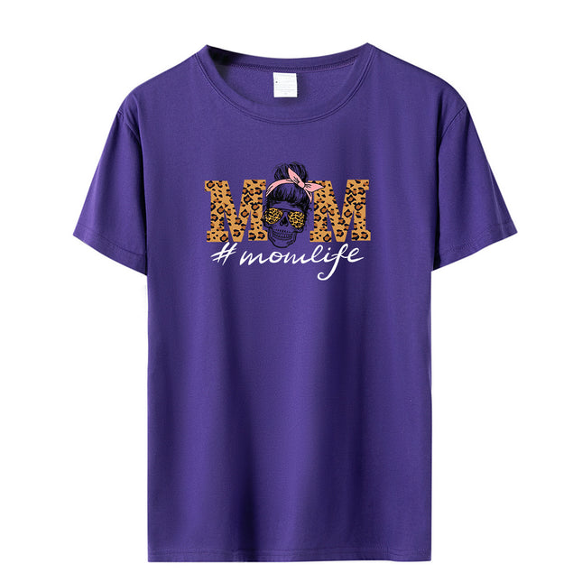 Amazon momlife Skull Leopard Print Sunglasses Mother's Day Gift Letter Print Casual Short Sleeve T-Shirt Women