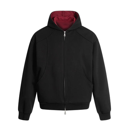 American Retro Contrasting Color Double Zipper Cardigan Hooded Sweatshirt Boys Silhouette Loose Lazy Trendy Brand Hoodie Jacket Autumn