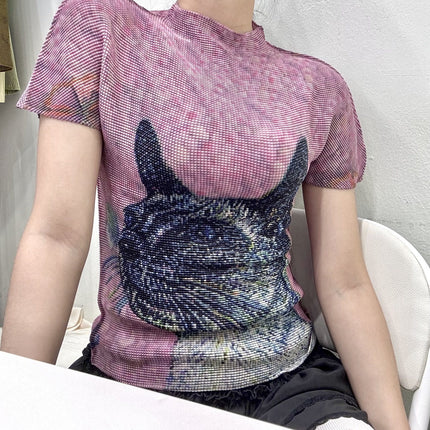 Issey Miyake Summer New Fashion Elegant Pleated Top Digital Printing Easy Care Versatile Pleated Mini Top
