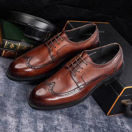 Men's Formal Business Leather Shoes, Genuine Leather Derby Shoes, Brogue Carved Shoes for Office, Wedding, and Banquet Occasions, Cross-Border