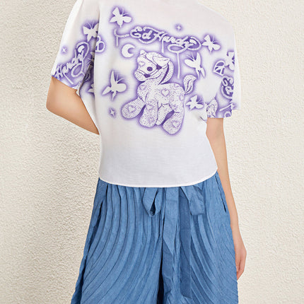 Designer Crewneck T-shirt Women's 2025 New Summer Pleated Cartoon Figure Printed Top Loose Thin T-shirt