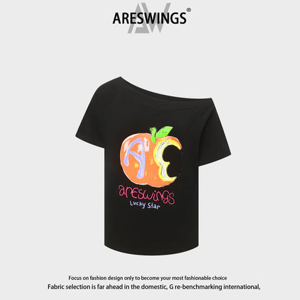 Areswings American Abstract Apple Letter Pattern Printed Slanted Shoulder Short-Sleeved T-Shirt Women's Summer Sexy Top