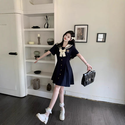 Plus-Size Women's Clothing 2026 Summer New Style Navy Collar Dress with Embroidery, Age-Reducing and Slimming A-Line Long Dress for Curvy Women