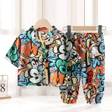 Children's Home Clothes Cotton Silk Suit Summer Boys and Girls Pajamas Artificial Cotton Two-Piece Set Cotton Silk Air-Conditioned Clothes Kidsren's Clothing