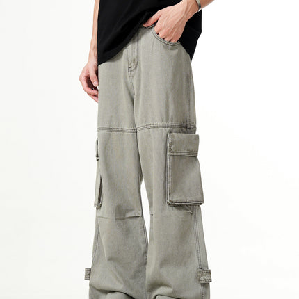 11Kn American Distressed Gray Cargo Pants for Men and Women, Stereo Tailoring, Multi-Flap Pocket Pants, Loose Slimming Look Wide-Leg Straight Pants