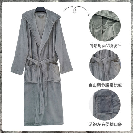 New autumn and winter plain hooded bathrobe flannel home casual nightgown extended thick couple bathrobe wholesale