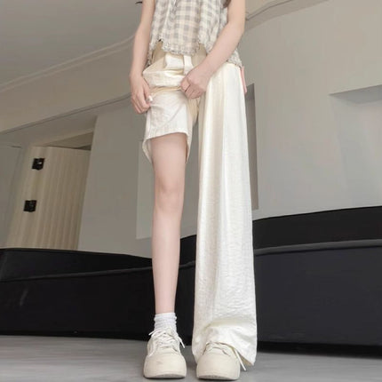 Plus-Size Textured Wide-Leg Pants for Women, Summer High-Waisted Drapey Loose Casual Straight-Leg Pants