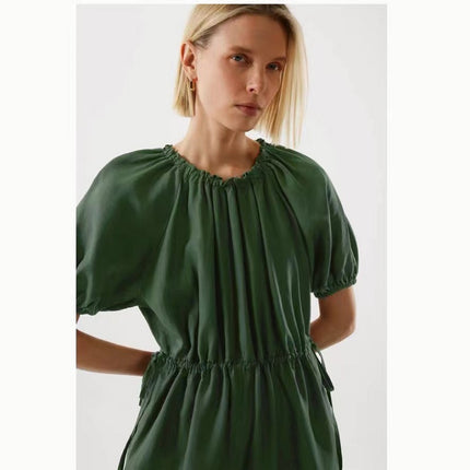 C*Os Women's Loose Fit Puff Sleeve Ruched Jumpsuit in Dark Green, 2025 Spring/Summer New Elegant Commuter Style