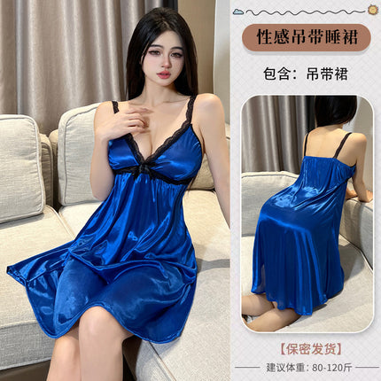 Home suspenders nightgown high sense thin summer ladies sexy underwear long ice silk French nightgown wholesale