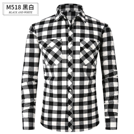 Spring and Summer Slim Amazon Fashion Brushed Plaid High-End Long-Sleeved Double Pocket Flannel Men's Shirt