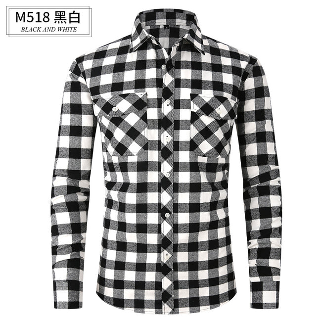 Spring and Summer Slim Amazon Fashion Brushed Plaid High-End Long-Sleeved Double Pocket Flannel Men's Shirt