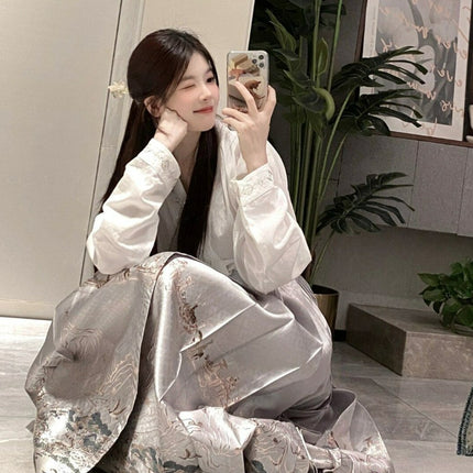 New Chinese Style National Style suit Spring Dress with a Set of Fashionable Western Style Shirt Hanfu Improved Horse-faced Skirt Two-piece Set