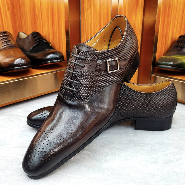 Oxford Shoes Summer Men Leather Shoes Genuine Leather Lace-Up Fashion Single Shoes Modern Men Business Office Shoes Metal Buckle