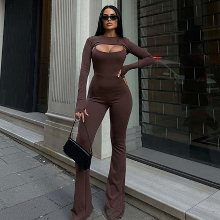 European and American Foreign Trade Autumn Women's Clothing Solid Color Long-Sleeve Round Neck Hollow-Out Fashion Casual Sexy Versatile Slim-Fit Jumpsuit for Women