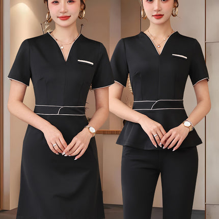 Summer Beauty Salon Short-Sleeved Technician Uniforms for Women, High-End Spa Club Foot Bath and Head Therapy Beautician and Waitress Work Uniforms