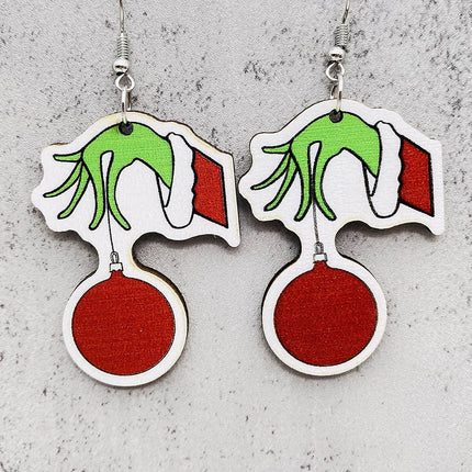 Cross-border new European and American Christmas Grinch wooden earrings green fur strange Christmas gift drop wooden earrings earrings