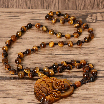 Natural tiger eye stone money Buddha pendant necklace crystal laughing Buddha jade pendant Maitreya Buddha pendant sweater chain wholesale