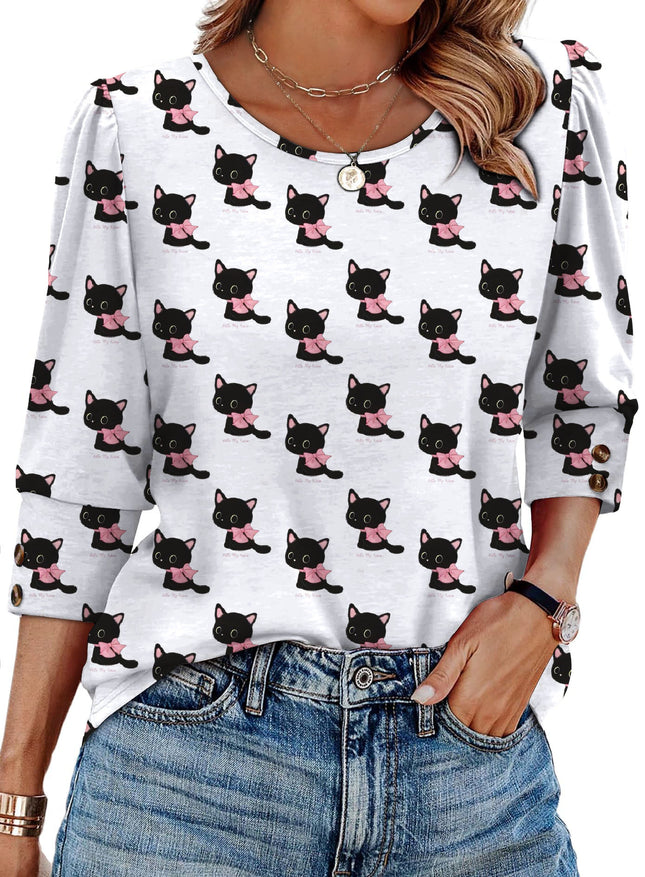 50 Colors Cross-Border European and American Amazon Spring and Summer New Printed T-Shirts with Cuff Buttons, Casual Versatile Vacation Women's Clothing