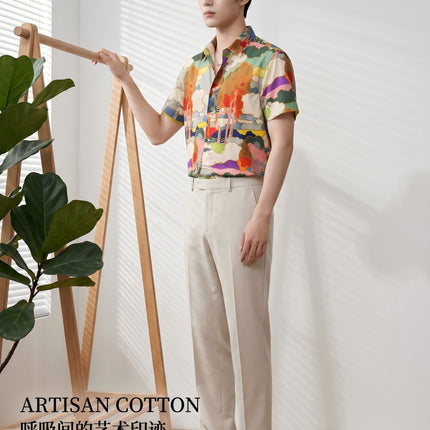Light Luxury Handsome Men's Clothing Men's Trendy Versatile Shirts Digital Printing Men's Short-Sleeved Shirts Light Luxury and High-End