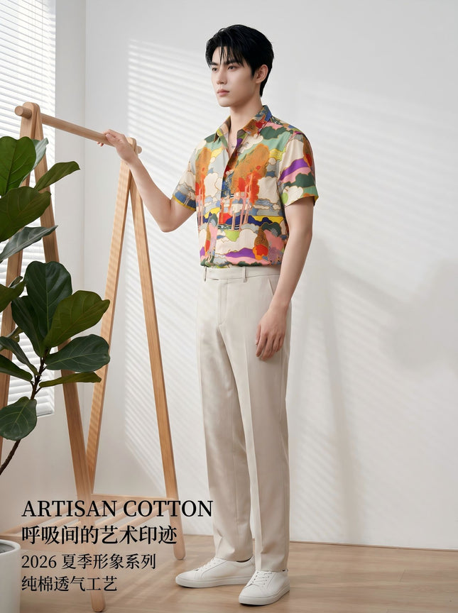 Light Luxury Handsome Men's Clothing Men's Trendy Versatile Shirts Digital Printing Men's Short-Sleeved Shirts Light Luxury and High-End