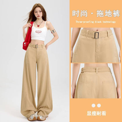 High-Waisted Casual Jeans with Belt, Simple Versatile Fashion Wide-Leg Floor-Length Pants for Women