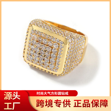 Cross-border source manufacturers directly supply fashionable atmosphere square round diamond ring European and American hip-hop trendy men cool ring