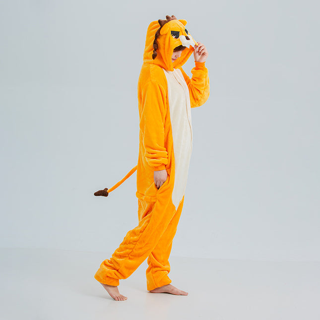 Factory mixed wholesale flannel animal one-piece pajamas cartoon men and women adult couples home clothes lion toilet version