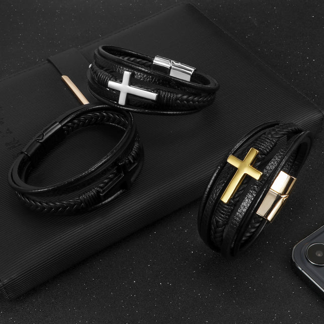 Cross-Border Hot Selling European and American Cross Leather Bracelet Men's Multi-Layer Hand-Woven Rope Magnet Buckle Genuine Leather Bracelet
