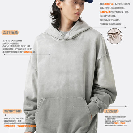 Black Fleet Retro Hoodie, Washed Gradient Dyed Pure Cotton Loose Pullover Couple Style Sweatshirt, Casual and Versatile