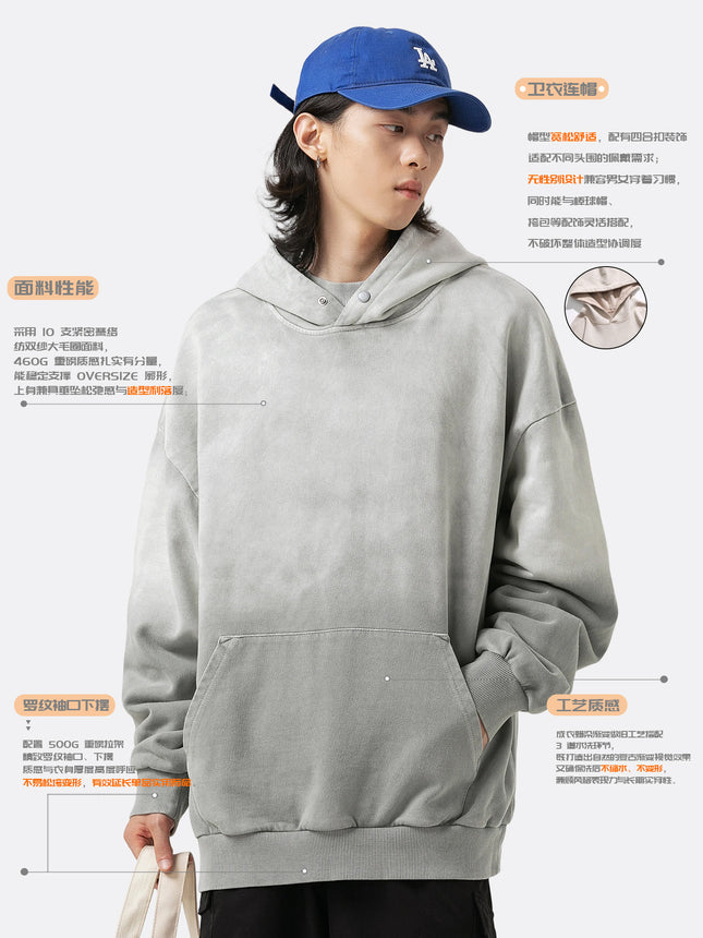 Black Fleet Retro Hoodie, Washed Gradient Dyed Pure Cotton Loose Pullover Couple Style Sweatshirt, Casual and Versatile