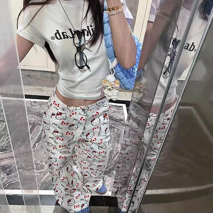 Cartoon Cute Kitty Cat Graffiti Print Jeans Women's Spring and Summer 2025 New High Waist Wide Leg Pants