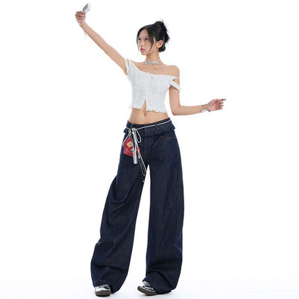 Spring 2025 New Arrival Ear-rimmed Double Waist American Style Spice Scimitar Pants Design Washed Slim Look Jeans Women