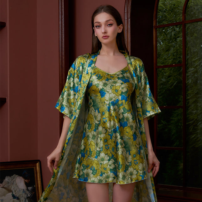 Cross-border printed nightgown suit women summer sexy ice silk middle sleeve plus size bathrobe silk bridal morning gown manufacturers wholesale