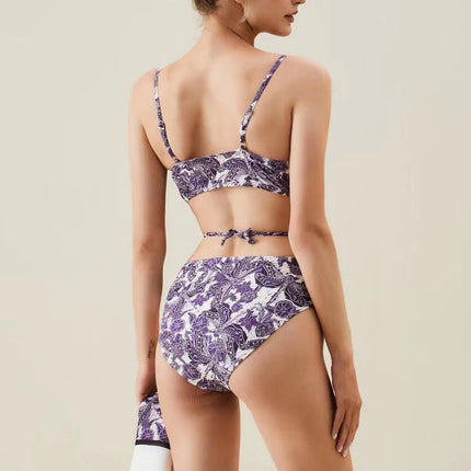 2023 European and American Conjoined Conservative Belly-Covering Beach Hot Spring Swimsuit Two-Piece French Retro Conjoined Bikini