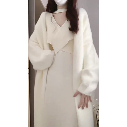 2024 Autumn and Winter Gentle Temperament Lazy Knitted Cardigan Base with Milk Waxy Knitted Dress suit