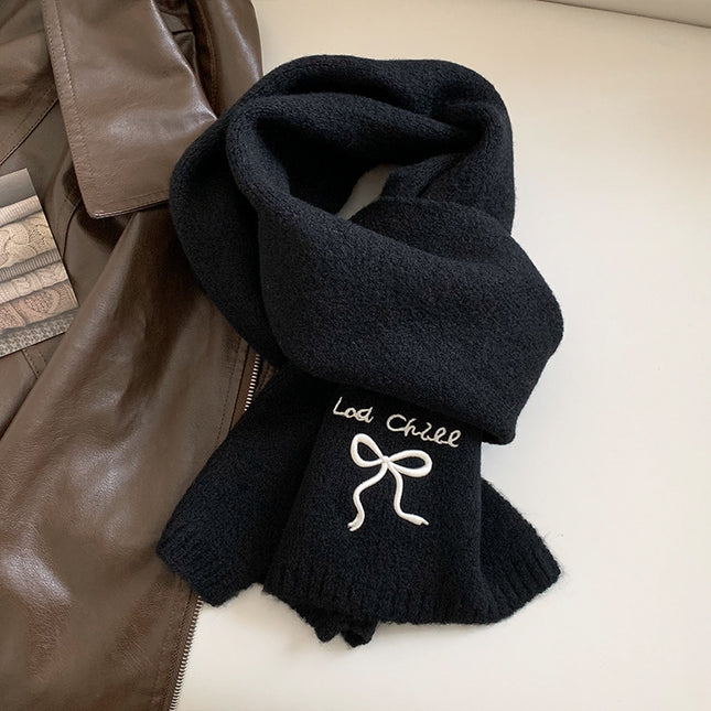 Japanese Style Cute Bow Scarf Winter Women's New Style Atmosphere Cold-proof Warm Neck Knitted Scarf Embroidery